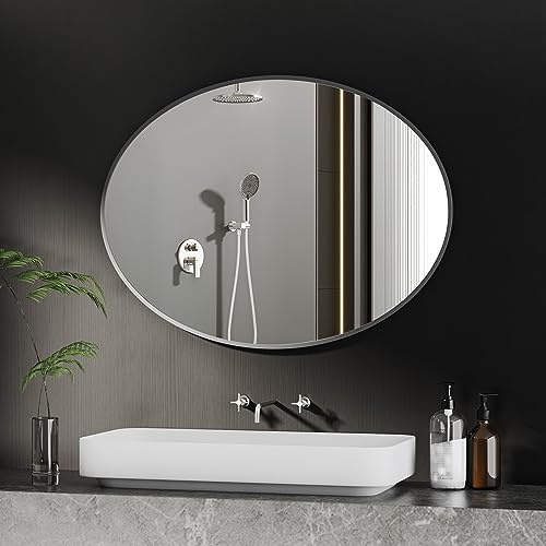 BD-Baode Ovaler Spiegel Schwarz Badezimmerspiegel 50x70 cm Oval Wandmontage Edelstahl Kosmetikspiegel Badspiegel ohne Beleuchtung für Bad, Wohnzimmer, Esszimmer und Flur