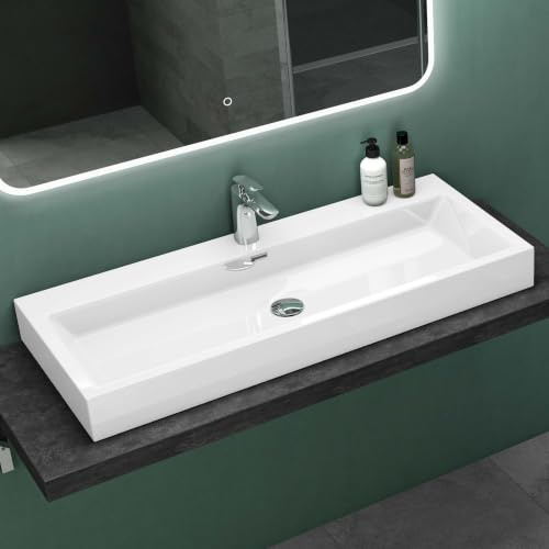 Mai & Mai Waschbecken 120x42x10cm aus Mineralguss Weiß | Aufsatzwaschbecken Hängewaschbecken Waschschale 1 Armaturenloch Bad Eckig Colossum06
