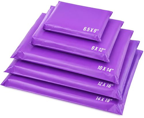 50 bolsas de correo mixtas de poliéster autoselladas, 5 tamaños, 10 de cada ascua roja, bolsas de correo pequeñas a grandes, sobres de embalaje postal (Morado)