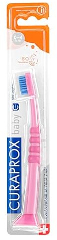 Curaprox Cepillo de Dientes para Bebés - Primer Cepillo de Dientes para Bebés con 4260 Filamentos de Cureno Extra Suaves - Extra Suave para los Primeros Dientes (Rosa con cerdas en Azul)