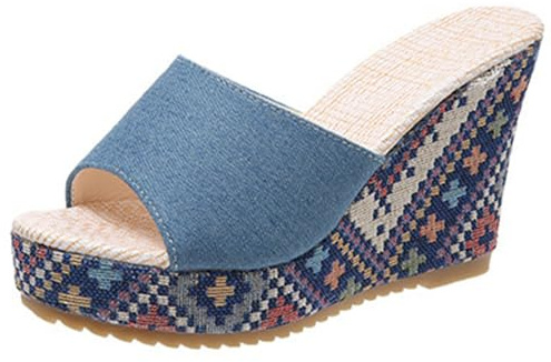 Ulalaza Ciabatte in denim da donna Pantofole piatte in tessuto Jean casual Pantofole con zeppa a punta aperta Zoccoli con plateau Sandali Boho antiscivolo Mocassini slip-on senza schienale