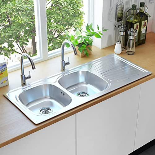 CIADAZ Évier double bac avec passoire et siphon, meuble à pile buanderie, évier de cuisine, évier sur comptoir, évier de salle de bain, comptoir, piques de cuisine, en acier inoxydable