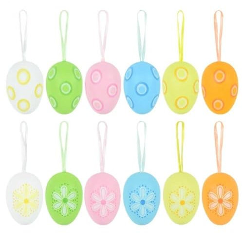 Luxylei Ostereier-Ornament, 12 Stück, Bemalte Ostereier Aus Kunststoff, Bunte Hängeeier Für Osterbäume Und Heimparty-Ornamente