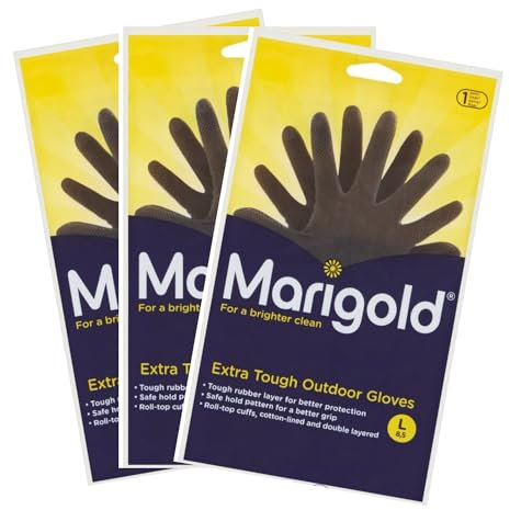 3 X Gardening Rubber Gloves Extra Tough & Non-Slip Grip for Outdoor Cleaning | Roll-top Cuffs Cotton-lined & Double Layered | Large Black