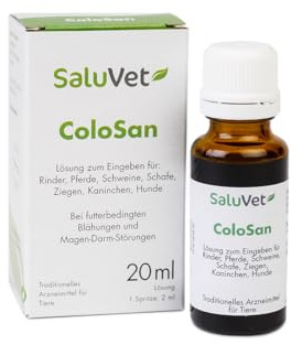 Saluvet ColoSan Lösung für Tiere | 20 ml | Traditionell angewendetes Arzneimittel | Raffiniertes Leinsamenöl | Bei futterbedingten Blähungen und Magen-Darm-Störungen