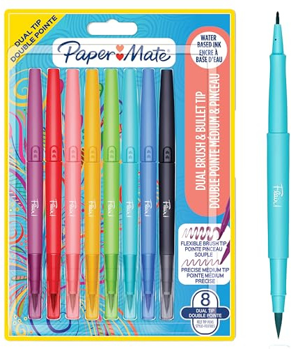 Paper Mate Flair DUAL filtpennor | Borste och mediumspetsar (0,7 mm) | Färgpennor med dubbla ändar | Blandade färger | 8 st.