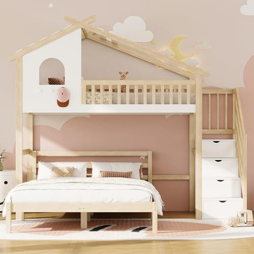 Letto a soppalco 90 x 200 cm con letto 140 x 200 cm • Lettino per bambini con listello, scala di stoccaggio e finestra • Loft in bianco e naturale • Griglia di sicurezza e scala integrata • Senza