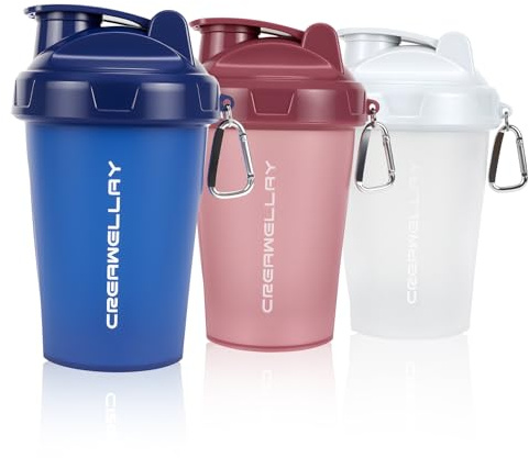 CREAWELLAY 3 Pack Shaker Bottles for Protein Mixes, 17 oz Small Protein Shaker Bottle with Handle, Gym Shaker Cups with Blending Ball for Pre Workout, BPA-Free & Dishwasher Safe (White, Pink, Blue)