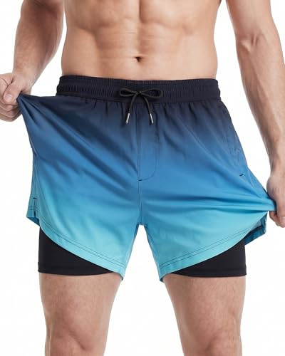 MaaMgic Uomo Pantaloncini da Surf 2-in-1 con Compressione | 5 5' Pollici Interni Asciugatura Rapida Costume da Bagno Corti con Tasche Interna 07 Colore Gradiente Blu Ghiaccio L
