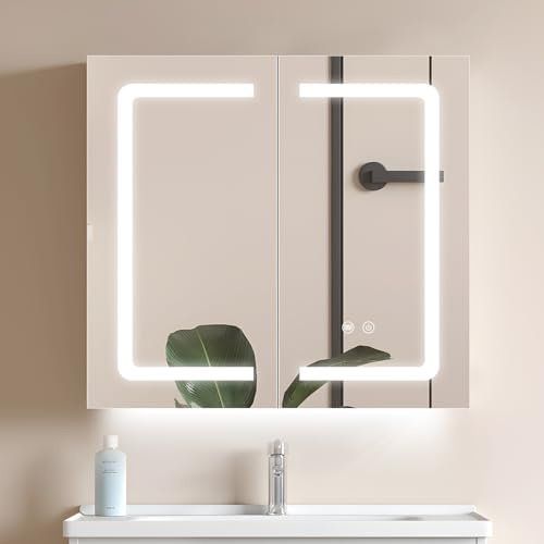WisHomee Armoire Miroir de Salle de Bain à LED avec éclairage LED et Prise, 65x60 cm, Murale Meuble Miroir Salle de Bain, Etagere Réglable, Anti-buée, 3 Couleur, Dimmable