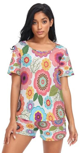 HMZXZ Damen Schlafanzug-Set Farbe Blumen Blumen Sommer Pyjama Woman Set,Mandala Frühling Loungewear und Shorts Lounge Set Sleepwear Nachtwäsche
