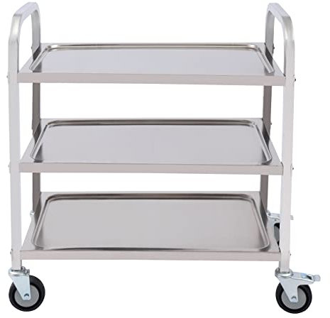 Edelstahl Servierwagen 3 Etagen Küchenwagen Edelstahl Küchenwagen Teewagen Abräumwagen 3 Tabletts Transportwagen mit 4 360° drehbare Rollen (2X bremsbar) (Tragfähigkeit: 25 kg) (75 x 40 x 83.5cm)
