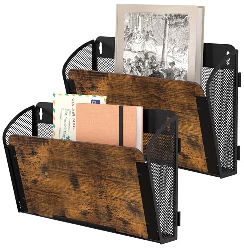 Solinxe Zeitungshalter Wand aus Holz mit 2 Taschen Metall Zeitungsständer Hängeregister Wandablagefächer A4 Papier Dokumentenablage Büro Schule Ablage Organizer, Schwarz/Antik