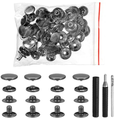 sourcing map 25 Set Leather Snap Fasteners Kit 17mm Metal Snap Button Press Studs Leather Rivets Snaps with 3 Setter Tools for Clothes Jackets Jeans Wears Bags, Gun-Black