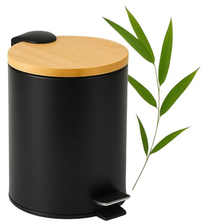 Solty – Papelera de baño negra y bambú de 3 litros, cubo con pedal silencioso de acero inoxidable antióxido, diseño compacto y elegante