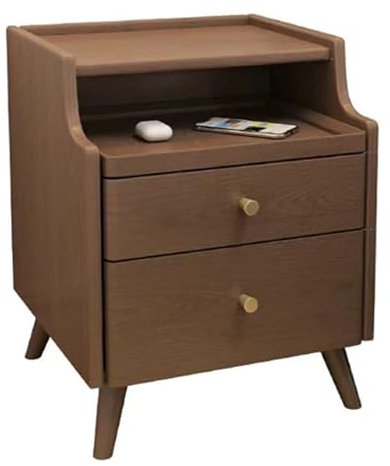 Mesita de noche de madera con estante extraíble, mesa auxiliar estrecha con 2 cajones, ahorro de espacio, mesita de noche para dormitorio y sala de estar, color nogal, 40 cm