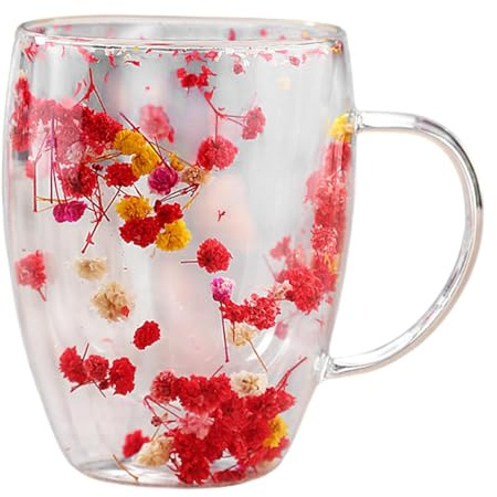 Getrocknete Blumen Teetasse Glas | 350 ml Floral Fusion Teegläser Doppelwandig | Doppelwandige Gläser Kaffeetasse für Heißgetränke | Blumen Milchbecher Teetassen Weihnachtsgeschenke für Freunde
