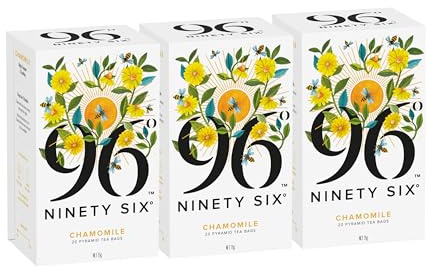 96° Chamomile – Pack of 3 × 20 Pyramid Tea Bags (60 Bags), Whole Flowers, Soothing Herbal Tea, Caffeine-Free, Individually Wrapped Recyclable Envelopes, Plant-Based Tea Bags, No Microplastics