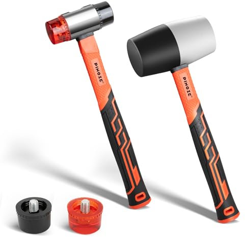 PINOZE Conjunto de martillos de goma de 2 piezas, malleto de goma de 450g y malleto suave de doble cara de 35 mm con 2 cabezales adicionales, mango de fibra de vidrio para pisos, baldosas