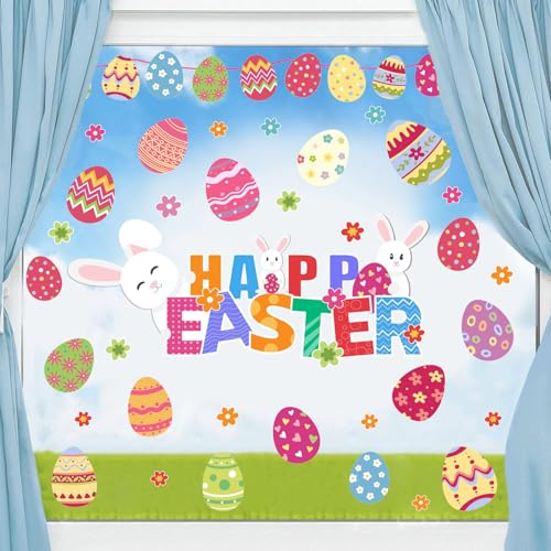 ANHUIB Fensterbilder Ostern Selbstklebend Fenstersticker Frohe Ostern Blumen Fenster Aufkleber Osterhase Fenstersticker Frühling Ostern Frühling Ostereie für Kinderzimmer Dekoration Ostern Geschenke