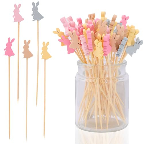 200uds Palillos para Cócteles, Madera con Temática de Pascua Palillos de Dientes Largos Decorativos Bonitos Brochetas de Fruta de Pascua Decoraciones para Fiestas de Pascua (Estilo A)