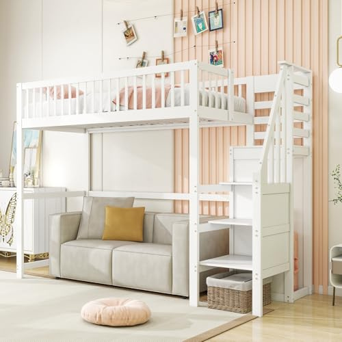 Lcoho Hochbett 90x200 mit Treppe, weißes Kinderbett aus Holz mit Aufbewahrungsregal, einfacher Kleiderschrank