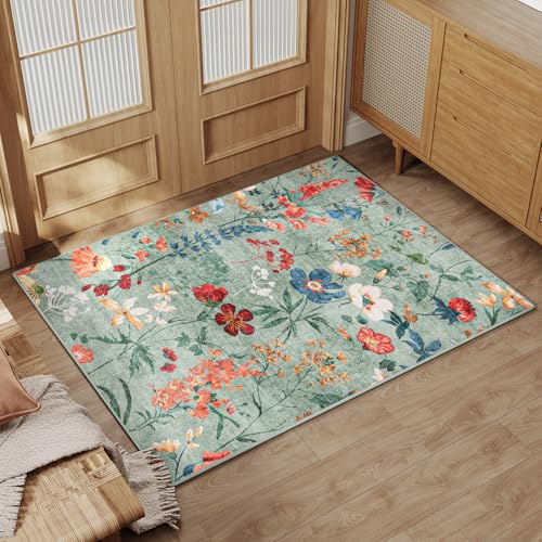 HUGEAR Fußmatte Teppich 60x90cm Grün Waschbar Kleiner Eingangsbereich Innen | Blumen Blumenmuster Fussmatten Teppiche,Waschbar Rutschfest,Weich,Boho Neutral Modern,für Schlafzimmer,Küche