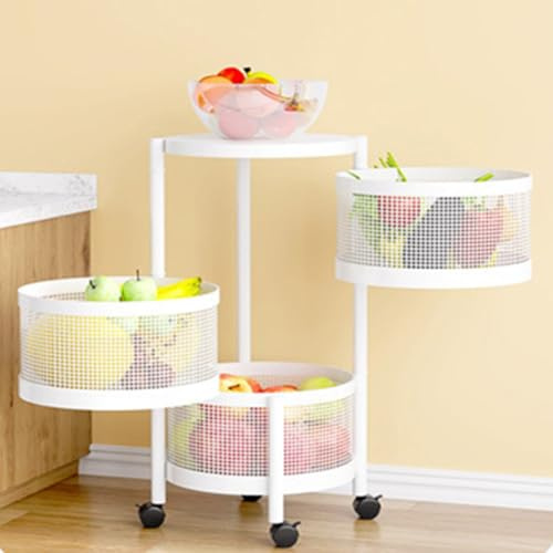 Creperture Küchen Aufbewahrungswagen, 3 Ebenen Rollwage Obst Gemüse Aufbewahrungskörbe, Abnehmbarer Korb Mehrschichtiger Küchenregal mit 360° Drehbare Räder für Küche, Bad,Wohnzimmer,Weiß