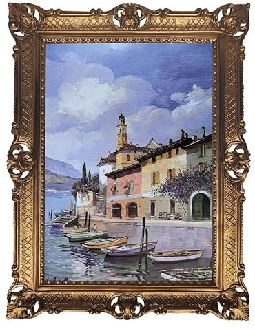 Lnxp Wunderschönes Gemälde 90x70 cm L.Armellini Mediterranes Landschaftsgemälde mit Booten, Antiker Goldrahmen, Gemälde
