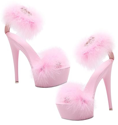 VALICLUD Women High-Heeled Sandals Flirting No-Slip Waterproof Platform Summer Shoes Pink Furry Thin Heels Size 39 for Party and Evening Wear Random Color