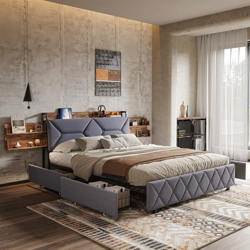 Yeutre Lit Coffre 160x200 avec avec sommier à Lattes et Charge USB et Typ C lit Double rembourré avec Tete de Lit avec Rangement Lits 2 Personnes avec 4 Tiroirs(sans Matelas) (Gris, 160 x 200 cm)