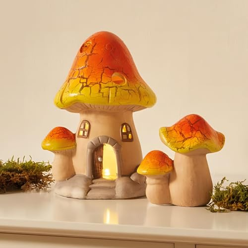 Dekoleidenschaft 2er Set LED Deko Pilzhaus aus Terracotta, Herbstdeko Figur mit Beleuchtung, Pilzdeko, Herbst Deko Pilzhäuschen kabellos