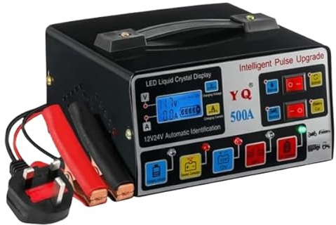 HEAVY DUTY 500A Car Battery Charger - 12V & 24V Automatic Smart Pulse Repair, LCD Display, Portable Vehicle Motorcycle Charger with Overcharge Protection