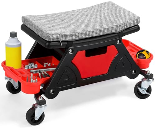 Rolling Mechanic Stool with Wheels, 135kg Capacity Workshop Creeper Seat, 360° Swivel Garage Stool with Padded Seat, Slide-Out Tool Trays and Drawer for Car Repair, Auto Shop