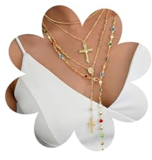 Dermalyx 4 Stück Geschichtete Gold Kreuz Halsketten Damen Trendy Böhmische Perlen Perle Y Länger Anhänger Halskette Set Vintage Rosenkranz Halskette Stapel Verstellbare