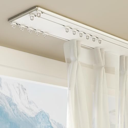Tringle à rideaux double pour montage au plafond - Tringle à rideaux silencieuse à 2 voies avec poulie et vis - 2,40 m (2 x 1,20 m) - Pour salon et chambre à coucher - Installation facile