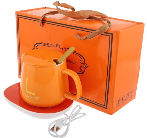 LIGIGWASH Calentador de Bebidas Eléctrico USB 5v con Juego de Tazas Cerámicas Naranja, Taza Térmica Portátil de 300 Ml para Oficina y Hogar, Calentador Automático con Apagado Seguro,
