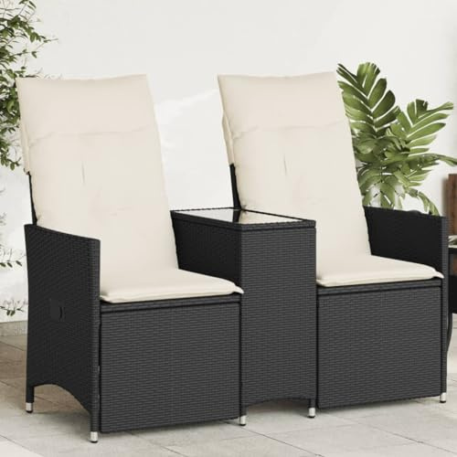 Ordellia Gartensofa 2-Sitzer Verstellbar mit Tisch Schwarz, PE Rattan Loungesofa für Outdoor, Balkon, Terrasse, Verstellbare Rückenlehne, UV-beständig