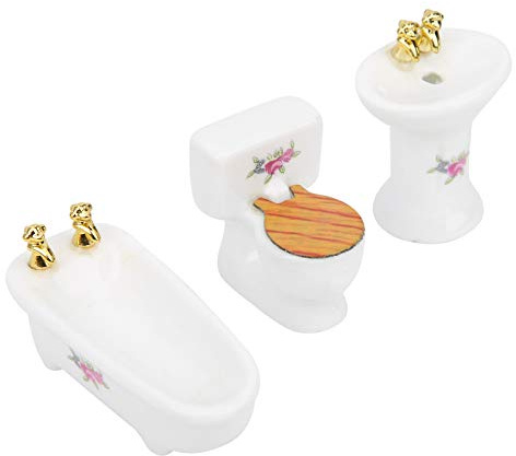 Generic 1/24 Dollhouse Bath Set Elegant Keramiskt Badkar Toalett Handfat Kit för Dollhouse Collection, Vit/Fyrklöver/Rose (Ros)