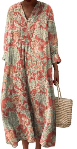 Plus Size Linen Floral Dress for Women UK Long Sleeve V Neck Casual Loose Fit Boho Maxi Dress with Pockets Vintage Printed Kaftan Beach Vacation Holiday Flowy Dresses for Spring & Summer (M,M)