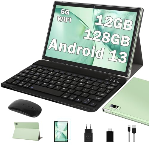 2026 Neueste Tablet 10 Pollici Android AI, 12GB RAM +128GB ROM/TF 1TB, 5G WiFi 6, Octa-Core, Bluetooth 5.0, 5MP + 8MP, GMS Certification, Widevine L1, Tablet 2-in-1 con Tastiera e Mouse – Verde