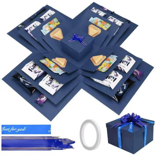 Överraskningslåda, 5-lagers kreativ presentförpackning explosionslåda blå | Födelsedagspresentask med lock och dekorband, mystery box till jul, halloween, bröllopsdag, 23 × 23 × 16 cm