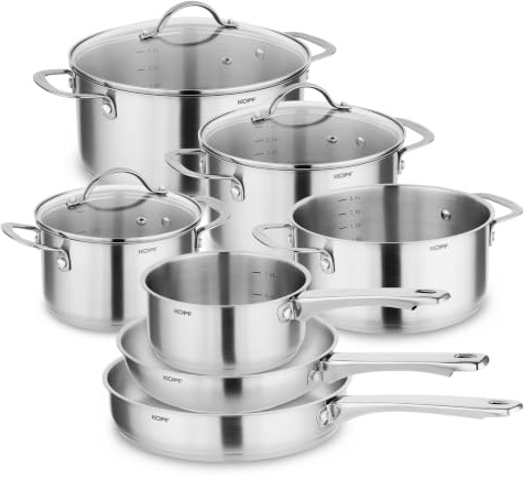 KOPF Gryt-set induktion Clara - 10 delar - kastrullset med glaslock - kastruller i rostfritt stål | Ugns- och diskmaskinssäker. För alla typer av spisar | 4 kastruller, 2 stekpannor, 1 kastrull, 3 glaslock | literskala