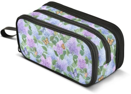 Reiacy Watercolor Lilac Bush Butterfly Pattern Pencil Case for Boys Girls, Large Capacity Pen Bag 3 Compartment Pencil Pouch Stationery Organizer Marker Case for School Office Work