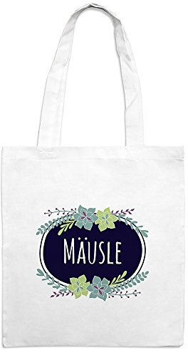 Jutebeutel mit Namen Mäusle - Motiv Flowers - Farbe weiß - Stoffbeutel, Jutesack, Hipster, Beutel