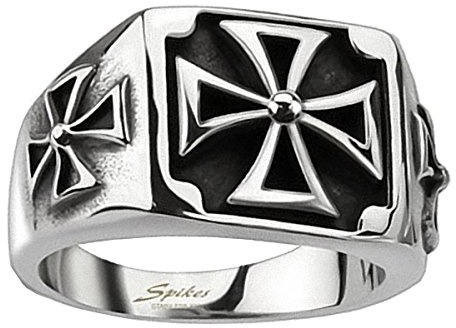 Piersando Herren Ring Biker Edelstahl mit Triple Iron Cross Motiv Herrenring 14mm Breit Silber