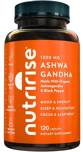 NutriRise Organic Ashwagandha Root Capsules with Black Pepper, 1300mg, Natural Stress & Mood, Thyroid, and Immune Support Supplement, Clarity, Focus & Energy, Gluten Free, 120 Count