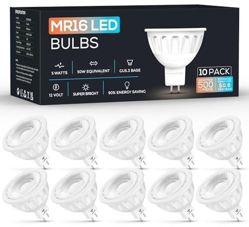 Torkase 10 Pack MR16 LED Bulbs, 5W 12V, GU5.3 Bi-Pin Base, 40 Degree Spotlight Bulb, 50 Watt Equivalent, Non-Dimmable, 500-Lumen, 6000K Cool White for Landscape Lighting, Recessed, Track Lighting