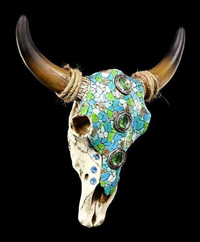 Figuren Shop GmbH Rinderschädel 31,5 cm mit Mosaik und Schmucksteinen verziert | Wandrelief Trophäe Kopf Rind Longhorn Hörner Bulle
