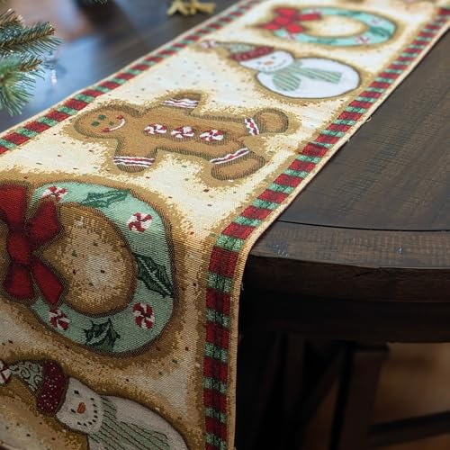 DaDa Bedding Gingerbread Snowman Sweets Tapestry Table Runner - Festive Cookies Christmas Wreath Holiday Intricate Needle Stitching - Cotton Linen Woven Kitchen Dining Mats - 13 x 54
